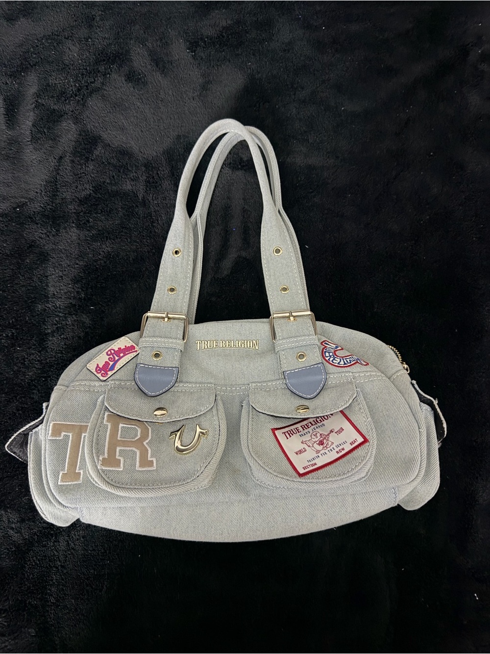 True Religion Light Gray Patchwork Satchel with Gold Hardware